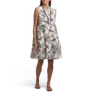 FRANCESCA BETTI  Italy Linen Blend Sleeveless Toile Print Tiered Mini Dress